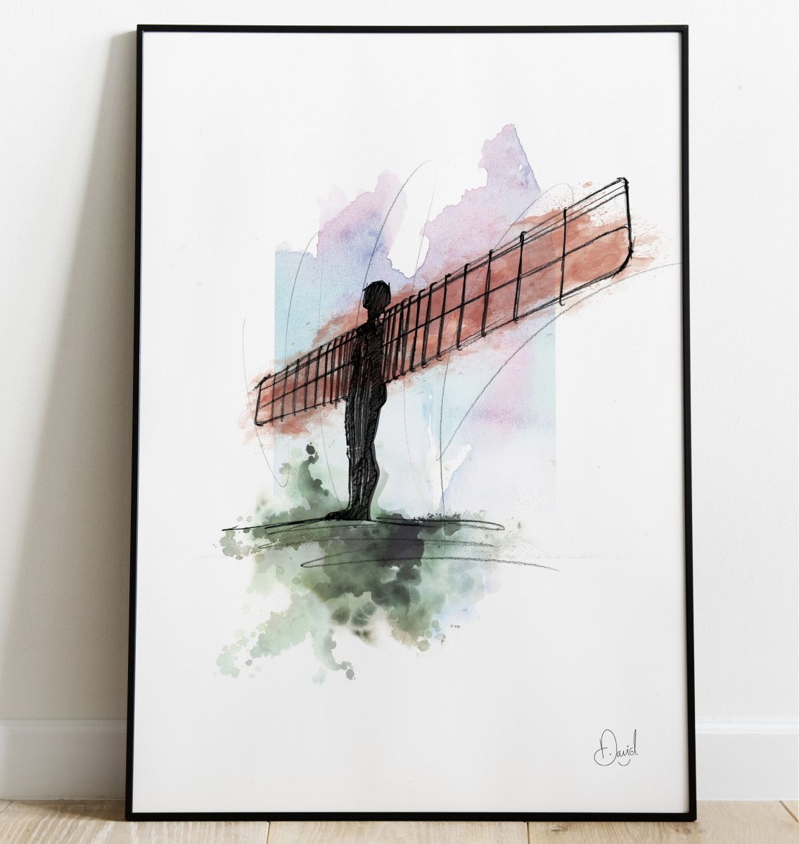 Unframed Angel Of The North A4 Print Pen Drawing Over Map Of Gateshead 