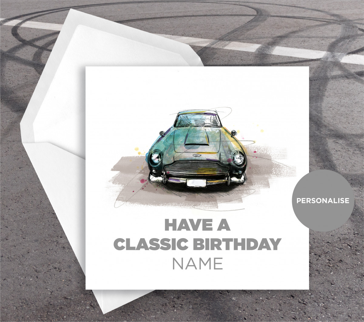 Aston Marton DB5, personalised birthday card