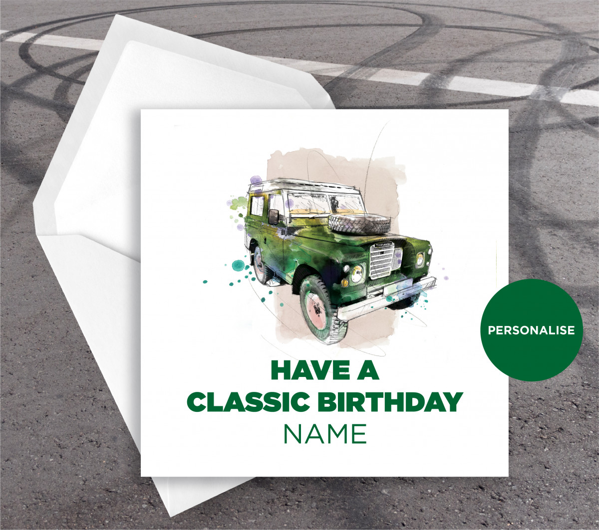Land Rover Defender, personalised birthday card