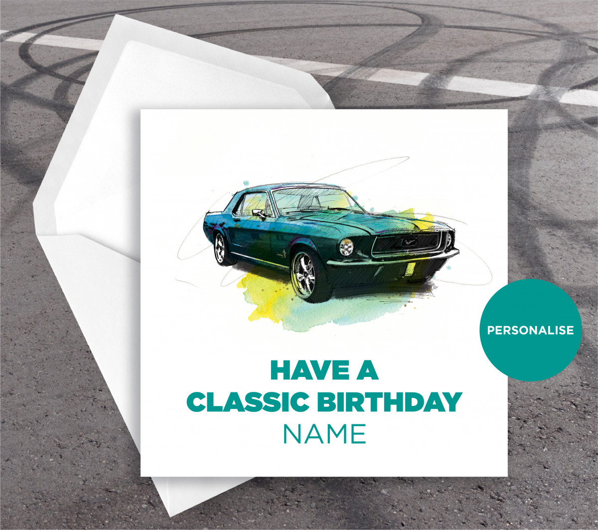 Ford Mustang, personalised birthday card